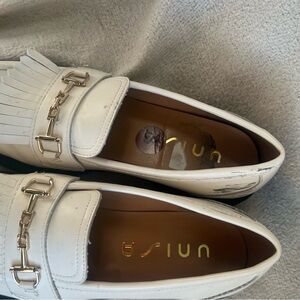 Unisa Cream Loafers with Gold Chain Accent